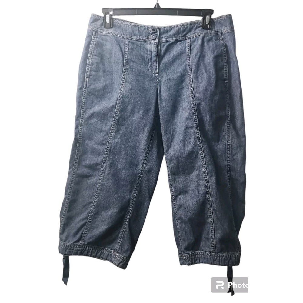 New York & Company Denim Cropped Pants Tie Bottoms Capri Blue Jeans Size 14‎